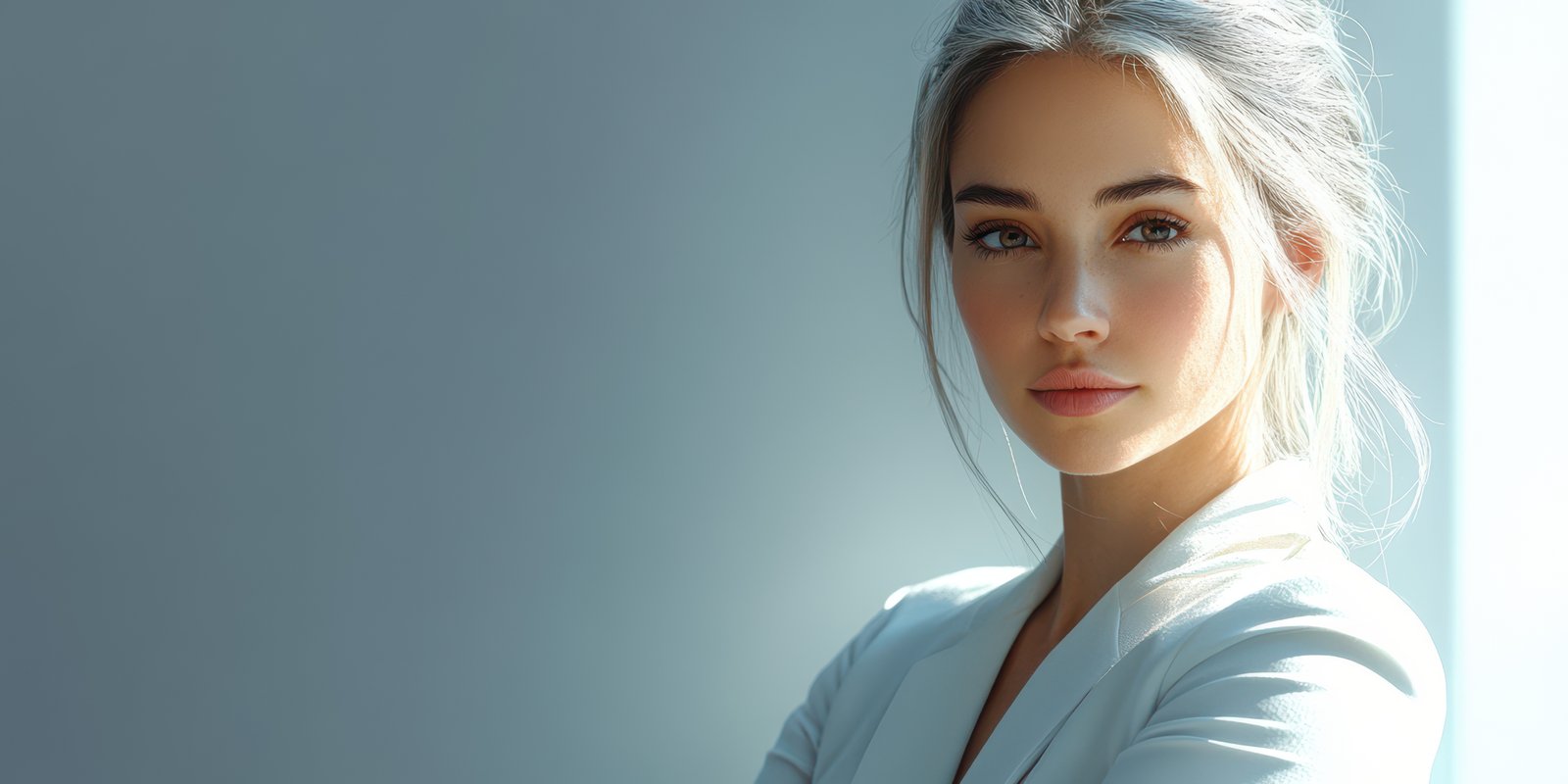Confident young woman in a sleek outfit poses against a minimalist backdrop